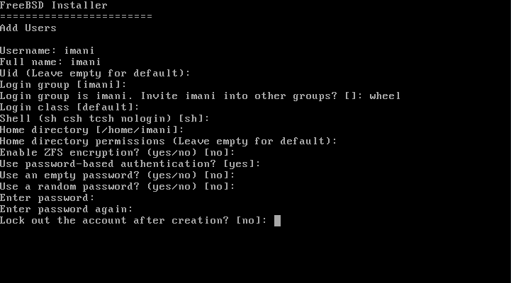 Menu requesting different information for the new user.