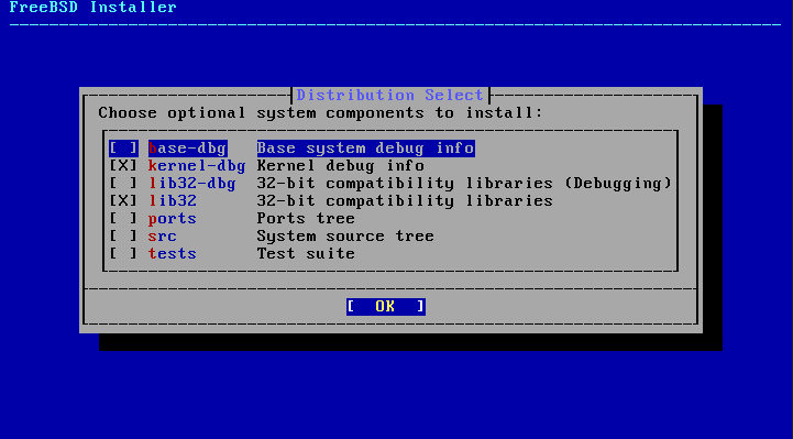 Different components that can be installed. Example: base-dbg