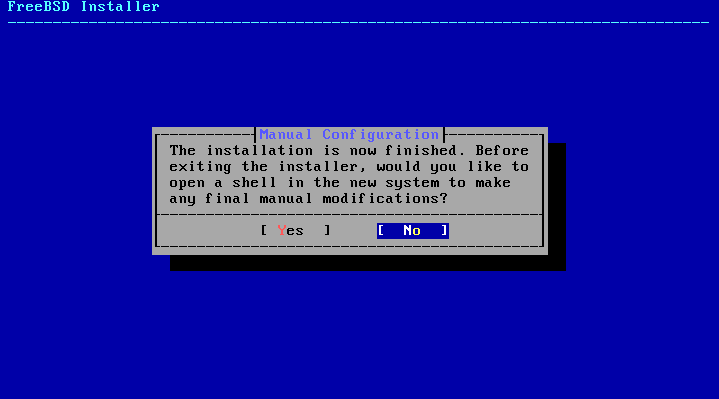 Menu showing that the installation has finished. And asking if a shell to make manual changes should open.