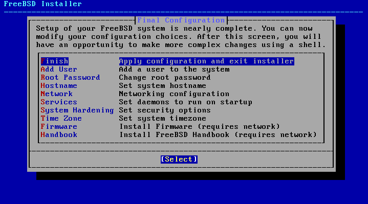 Menu showing different options to perform before finishing the installation. Ex: Add user