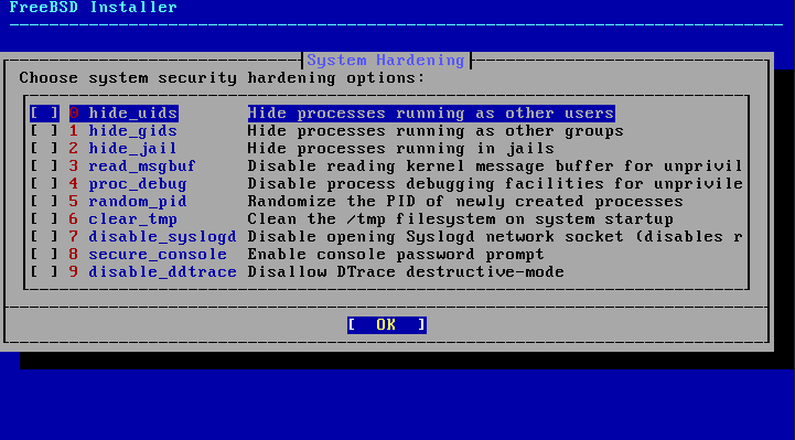 Menu shoring the different hardening security options.