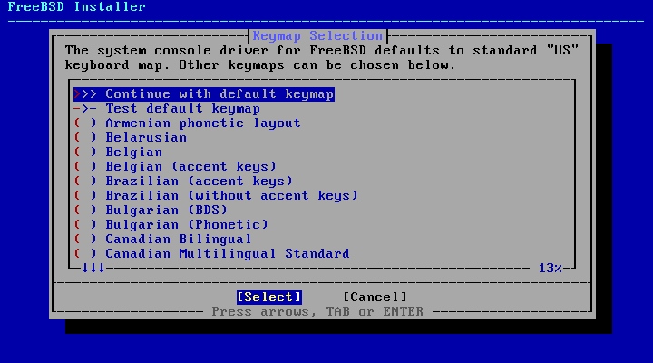 Keymap selection menu showing all supported keyboards