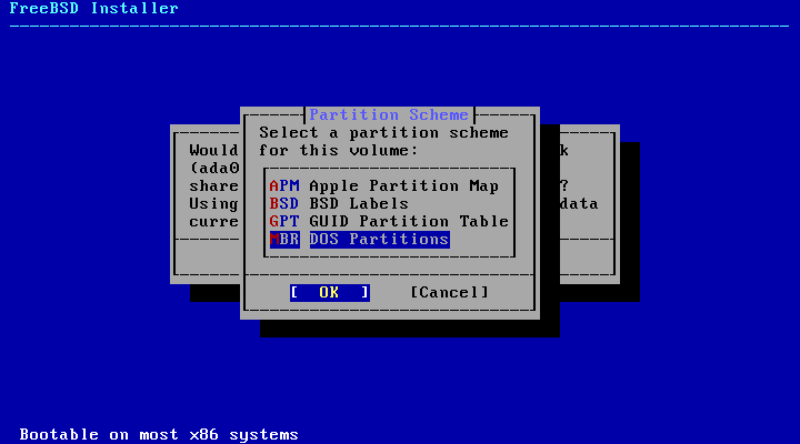 Menu showing the user the different the different types of partition that exist and requesting one of them