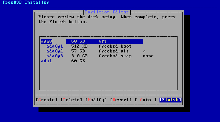 Menu showing created partitions