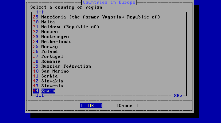 Menu requesting the timezone country.