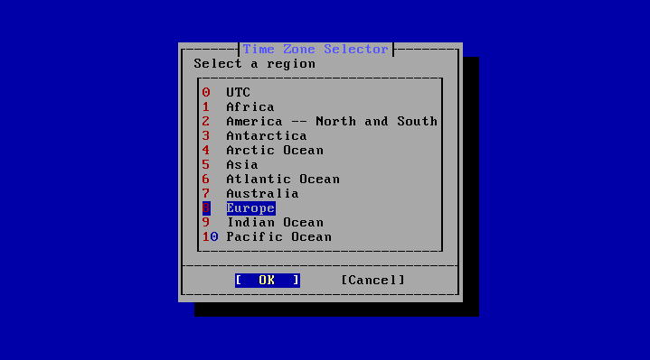 Menu requesting the timezone region.