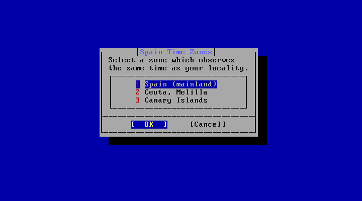 Menu requesting the timezone zone.