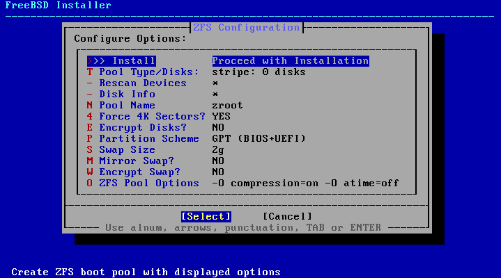 Menu showing the different options to configure the ZFS pool