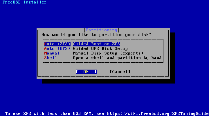 Shows the different partition options. Example: Manual