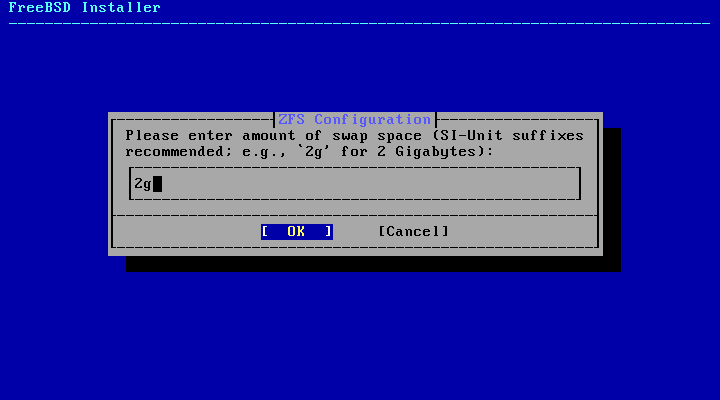 Menu requesting the amount of swap memory
