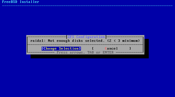 Menu indicating that not enough disks have been selected